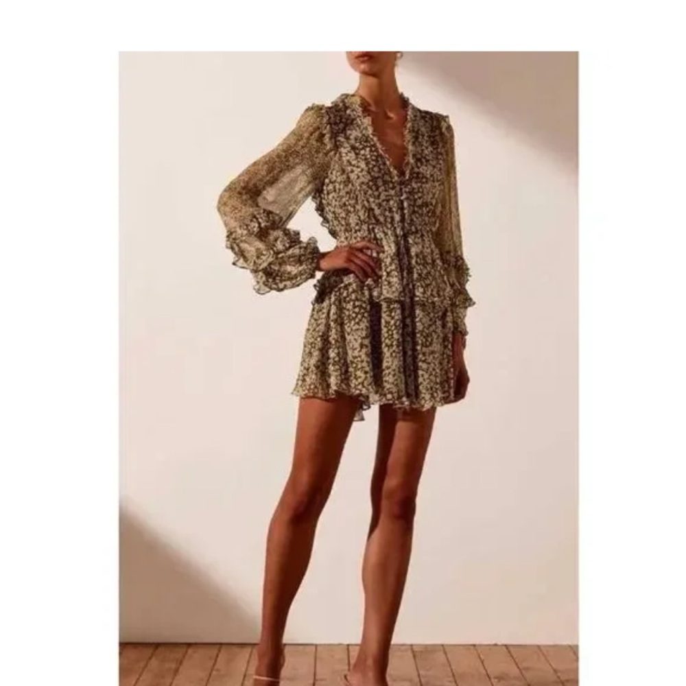 SHONA JOY Claudette Balloon Sleeve Drawstring Tiered Ruffle Mini Dress Size 6